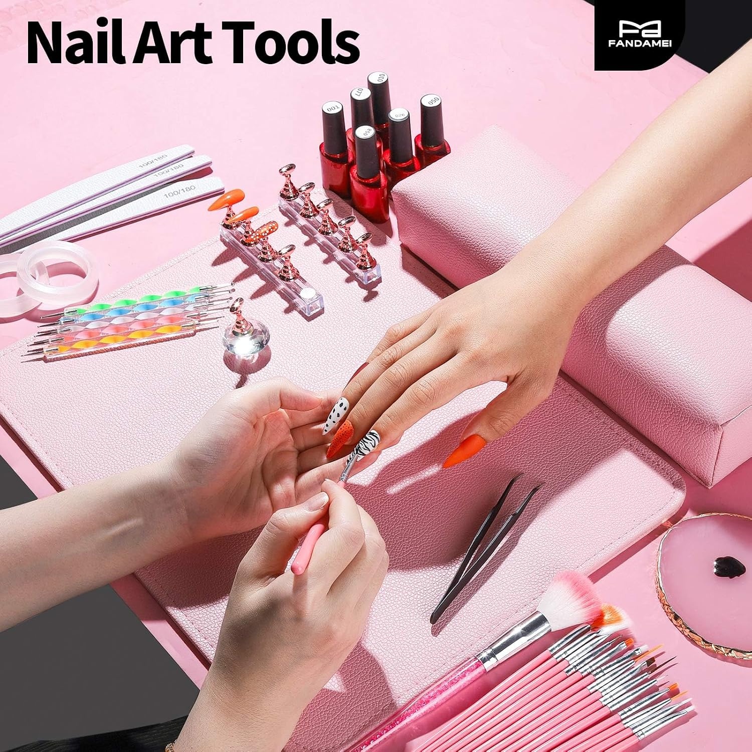 image:imageFANDAMEI Nail Art Kit With Nail Stand Nail Art Tools Nail Design Tools Nail Brush Nail Holder For Painting Nails Nail Art Brushes Nail Dotting Tool Nail Tools For Nail Art WhitePink