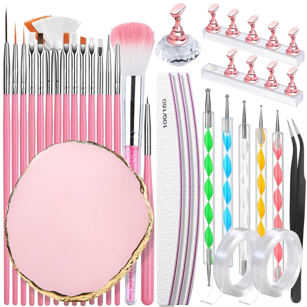 image:imageFANDAMEI Nail Art Kit With Nail Stand Nail Art Tools Nail Design Tools Nail Brush Nail Holder For Painting Nails Nail Art Brushes Nail Dotting Tool Nail Tools For Nail Art WhitePink