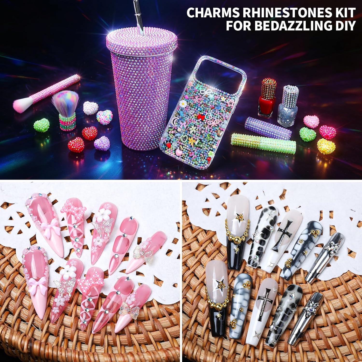 image:imageFANDAMEI 48 Grids Bedazzling Kit 24 Colors 3mm Flat Back Jelly Rhinestones for Bedazzling 24 Grids 3D Nail Charms and Gems Pearls Nail Rhinestones Kit with Bedazzling Glue for Crafts Nail Art Kit