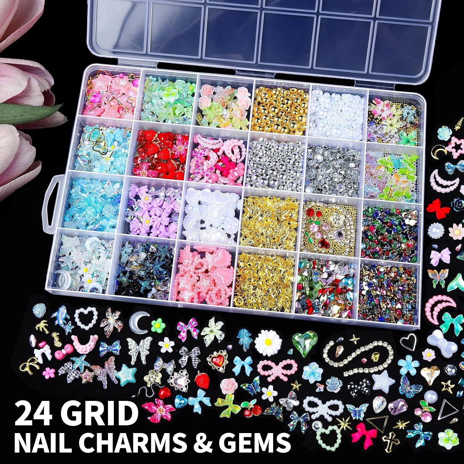 image:imageFANDAMEI 48 Grids Bedazzling Kit 24 Colors 3mm Flat Back Jelly Rhinestones for Bedazzling 24 Grids 3D Nail Charms and Gems Pearls Nail Rhinestones Kit with Bedazzling Glue for Crafts Nail Art Kit