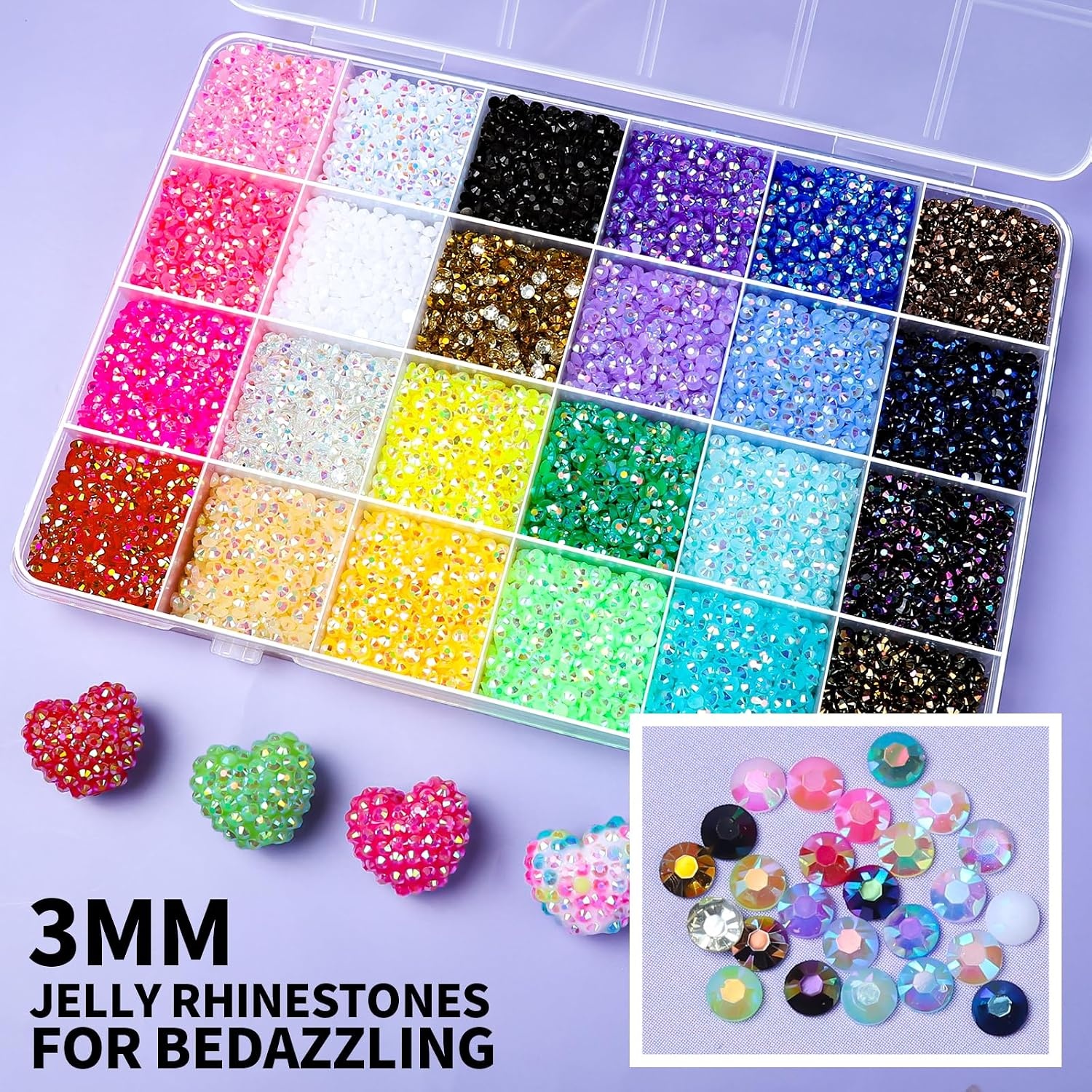 image:imageFANDAMEI 48 Grids Bedazzling Kit 24 Colors 3mm Flat Back Jelly Rhinestones for Bedazzling 24 Grids 3D Nail Charms and Gems Pearls Nail Rhinestones Kit with Bedazzling Glue for Crafts Nail Art Kit