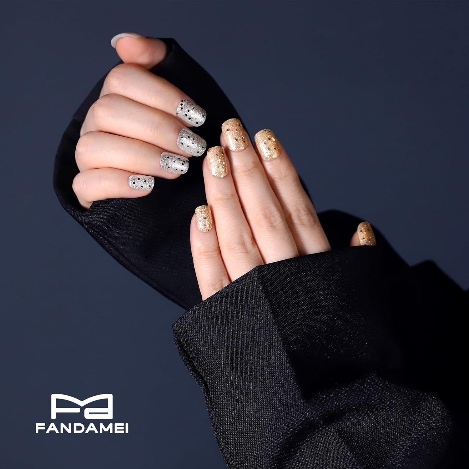 image:imageFANDAMEI Press on Nails Short 24 Colors Cat Eye Press on Nails for Womenfine glitterchunky glitterglossyfrench tip