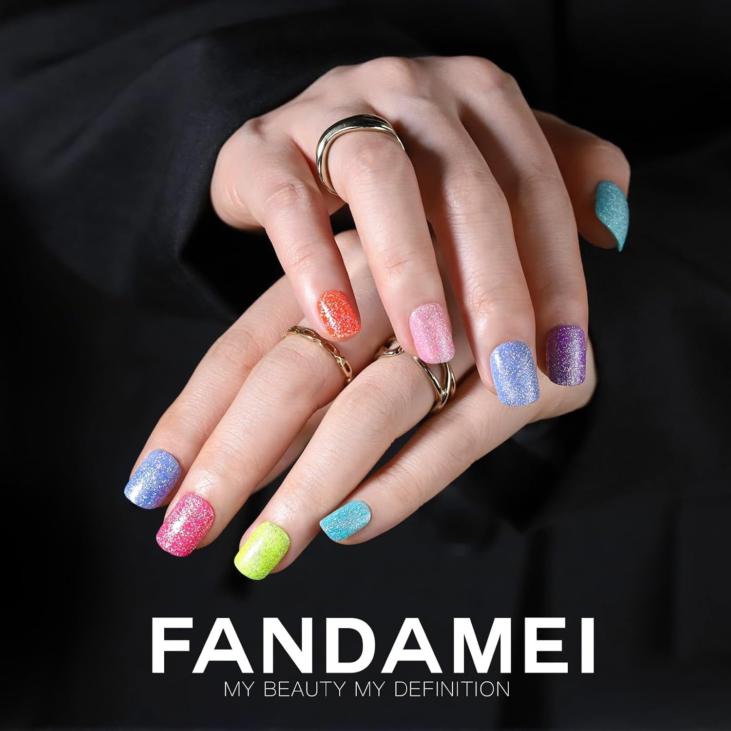 image:imageFANDAMEI Press on Nails Short 24 Colors Cat Eye Press on Nails for Womenfine glitterchunky glitterglossyfrench tip