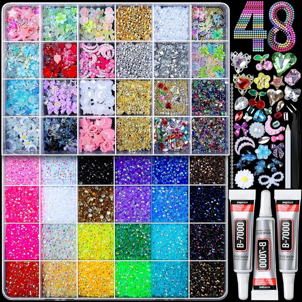 image:imageFANDAMEI 48 Grids Bedazzling Kit 24 Colors 3mm Flat Back Jelly Rhinestones for Bedazzling 24 Grids 3D Nail Charms and Gems Pearls Nail Rhinestones Kit with Bedazzling Glue for Crafts Nail Art Kit