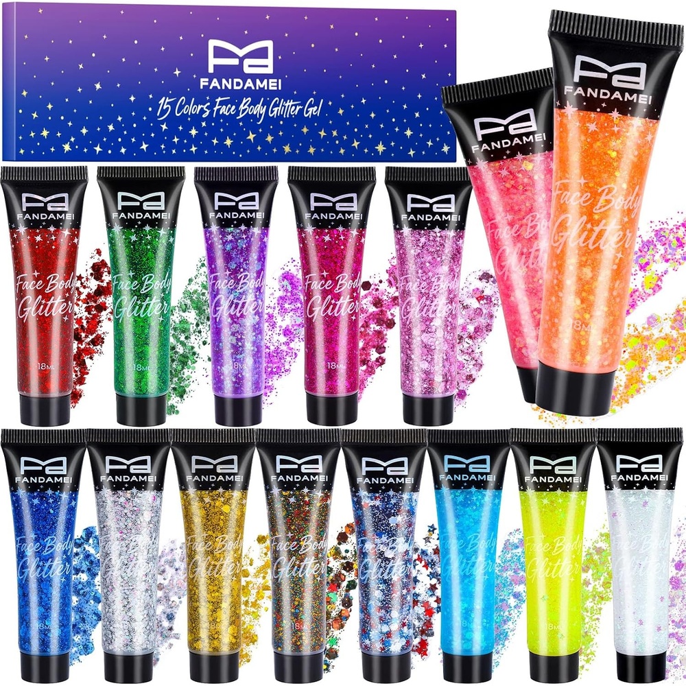 image:imageFANDAMEI Body Face Glitter 15 Colors Glitter Gel Kit 12 Colors Body and Hair Glitter and 3 Colors Glow in the Dark Glitter Gel Face Sparkles for Mermaid Glitter Makeup Halloween Rave Accessories