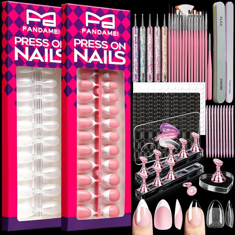 image:imageFANDAMEI Nail Kit With Nail Tips Press On Nails Nail Art Kit Nail Tools Nail Art Brushes Nail Stand Dotting Tools French Tip Nails Full Cover Almond Shape Tools For DIY Nails At Home Salon