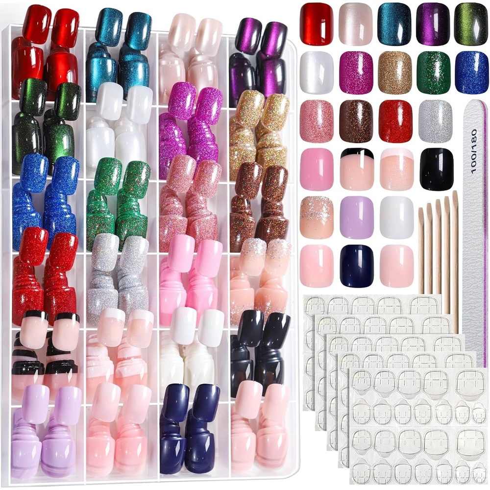 image:imageFANDAMEI Press on Nails Short 24 Colors Cat Eye Press on Nails for Womencat eyeglossyglitterfrench tip
