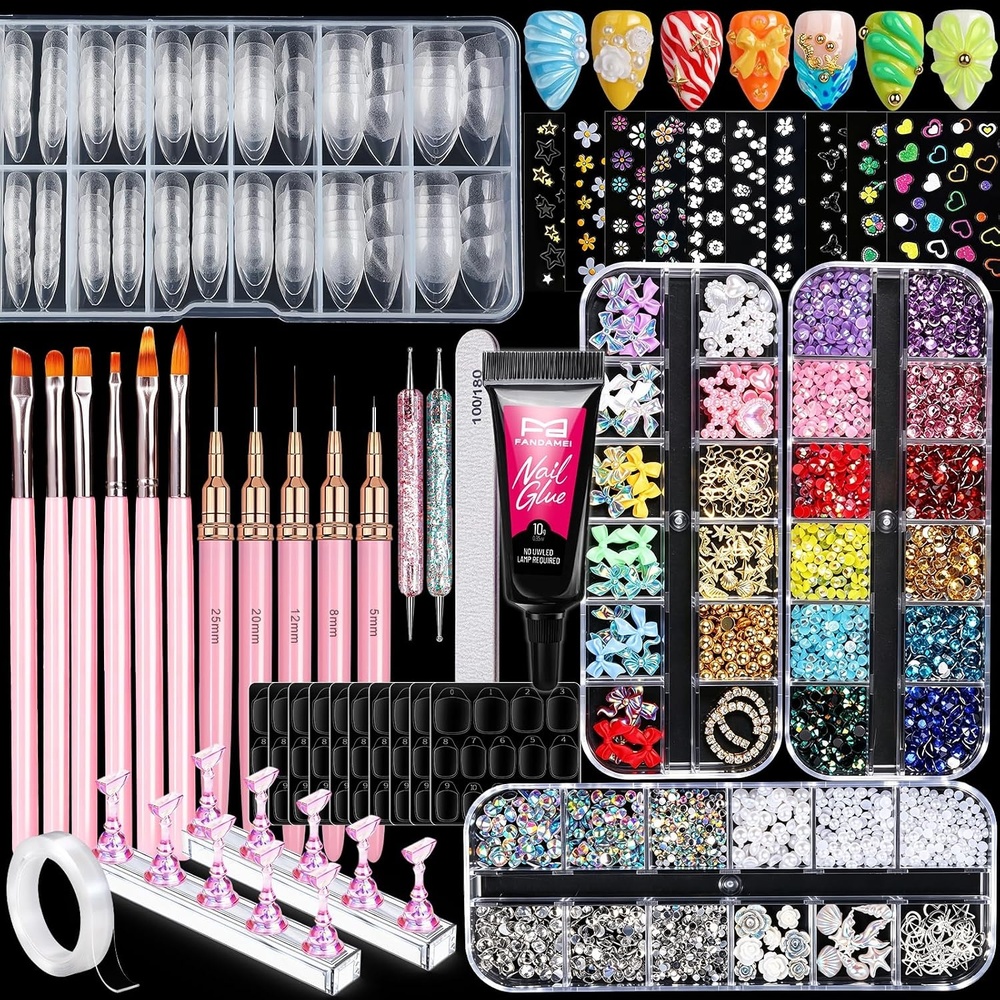 image:imageFANDAMEI Nail Art Tools Kit Brushes Set with Nail Charms and Gems Stand for Press on Fake Nail Kits with Almond Gel Tips Nail Glue Art Stickers Dotting Tools Liner Brush Nail Stuff Supplies
