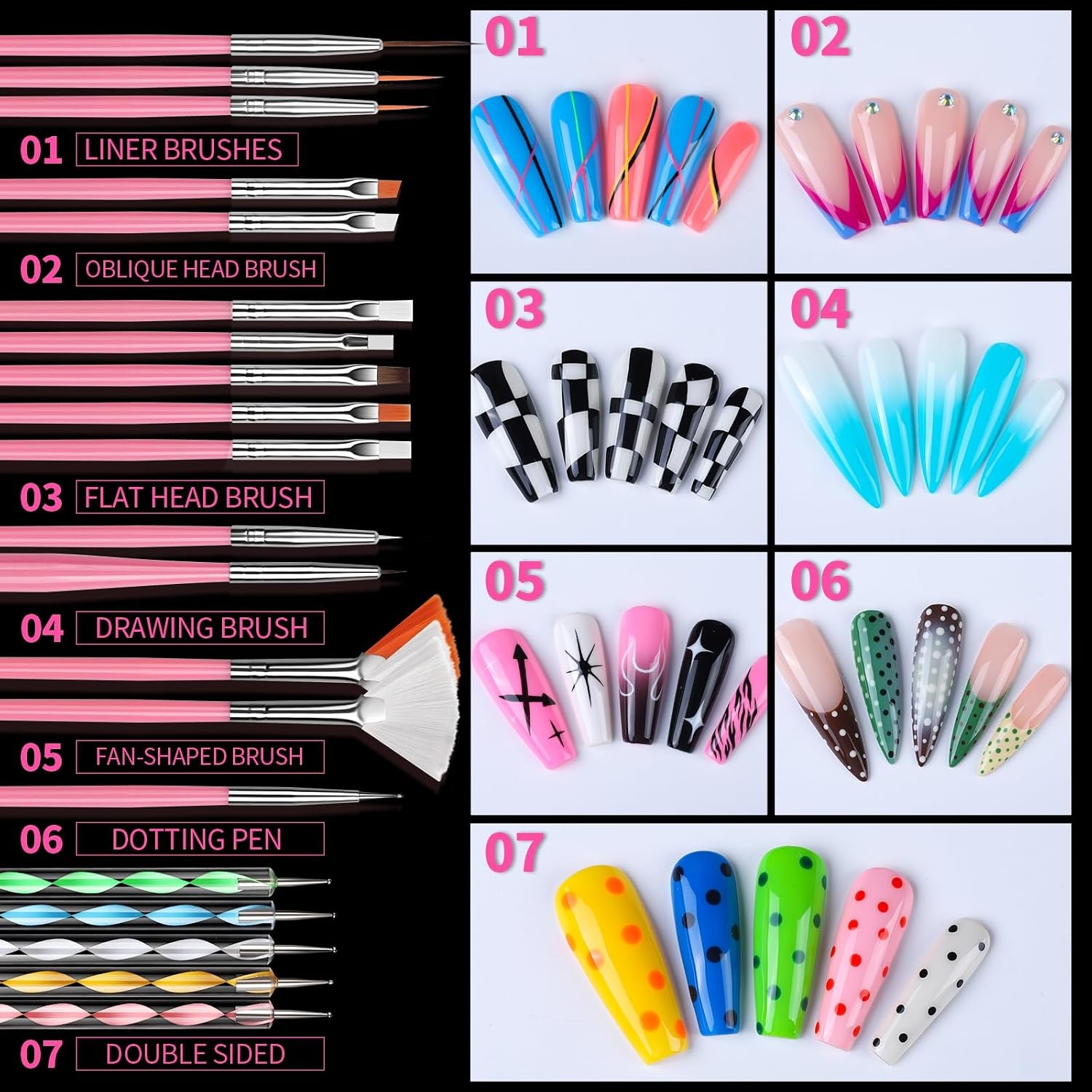 image:imageFANDAMEI Nail Art Kit Nail Brushes Set with Nail Design Dotting Tools Mixing Palette Nail Stand Fake Nail Kits with Short Coffin Square Gel Nail Tips Nail Glue Adhesive Tabs Nail File Supplies