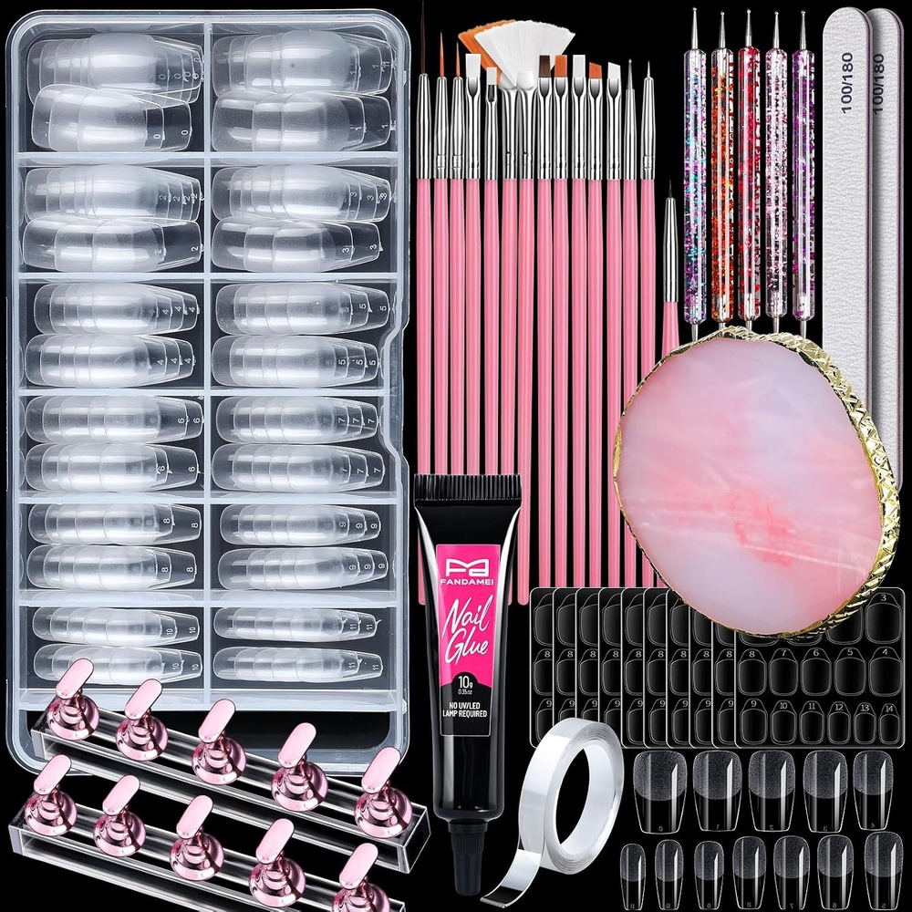 image:imageFANDAMEI Nail Art Kit Nail Brushes Set with Nail Design Dotting Tools Mixing Palette Nail Stand Fake Nail Kits with Short Coffin Square Gel Nail Tips Nail Glue Adhesive Tabs Nail File Supplies