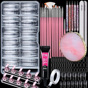 FANDAMEI Nail Art Kit, Nail Brushes Set with Nail Design Dotting Tools, Mixing Palette, Nail Stand. Fake Nail Kits with Short Coffin Square Gel Nail Tips, Nail Glue, Adhesive Tabs, Nail File Supplies.